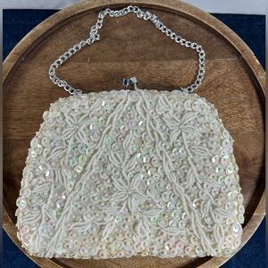 Vintage Hand Beaded Evening Clutch Purse Made In Hong Kong White/Ivory